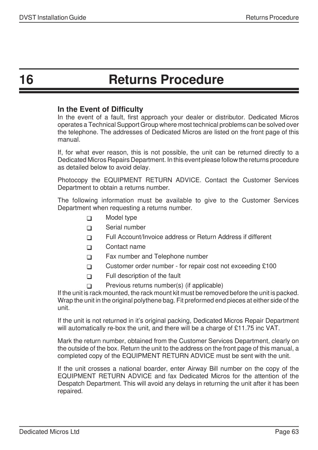 Guardian Technologies DFT 150/175, DVST manual Returns Procedure, Event of Difficulty 