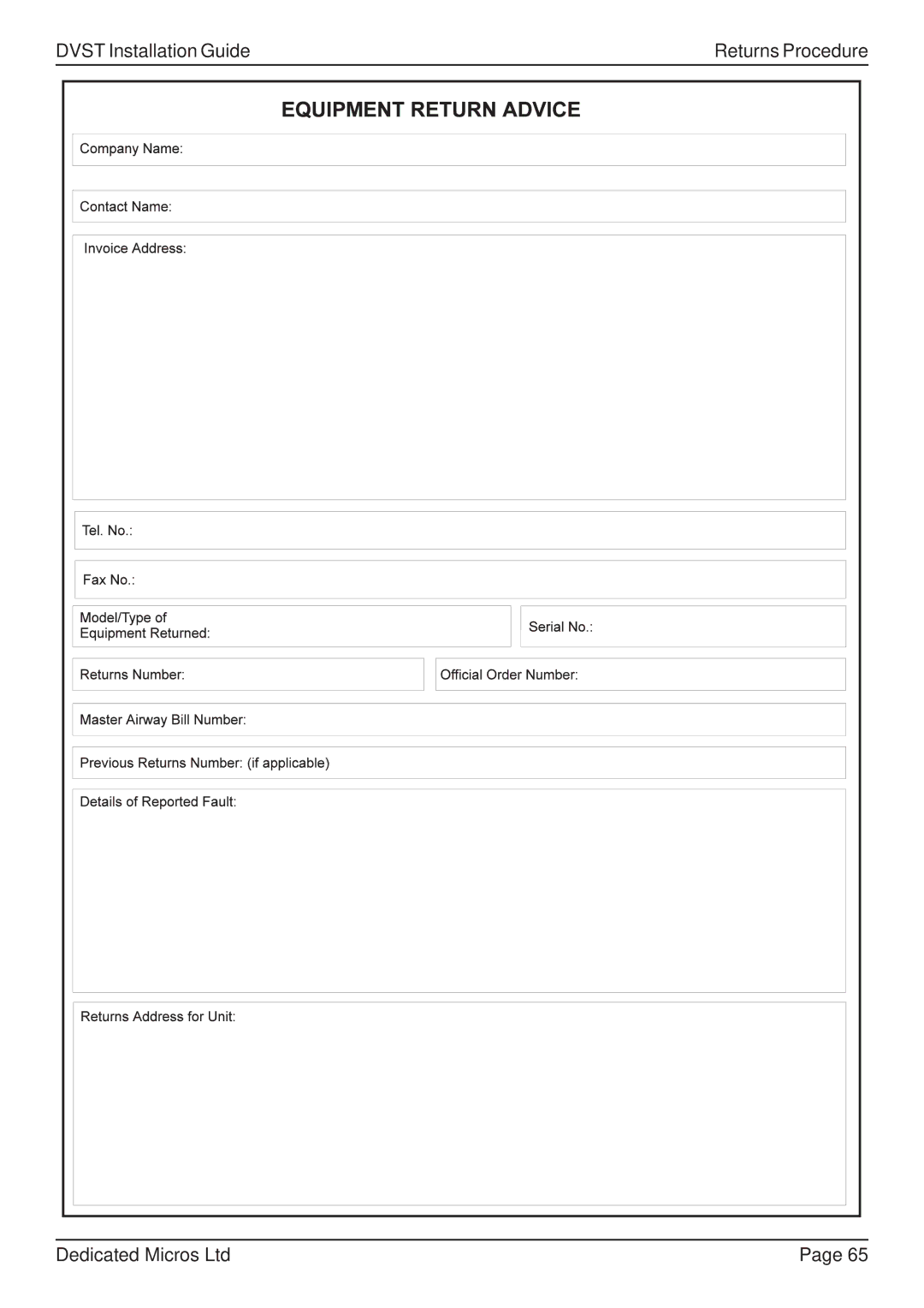 Guardian Technologies DFT 150/175, DVST manual Dvst Installation Guide Returns Procedure 