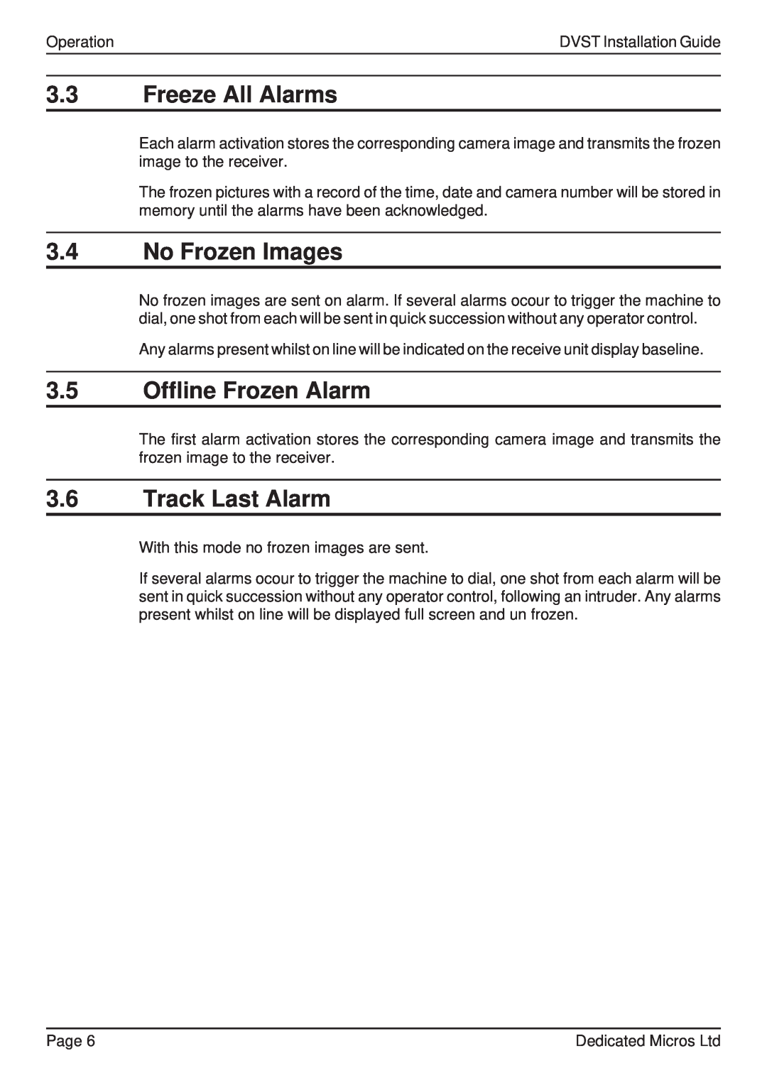 Guardian Technologies DVST manual 3.3Freeze All Alarms, 3.4No Frozen Images, 3.5Offline Frozen Alarm, 3.6Track Last Alarm 