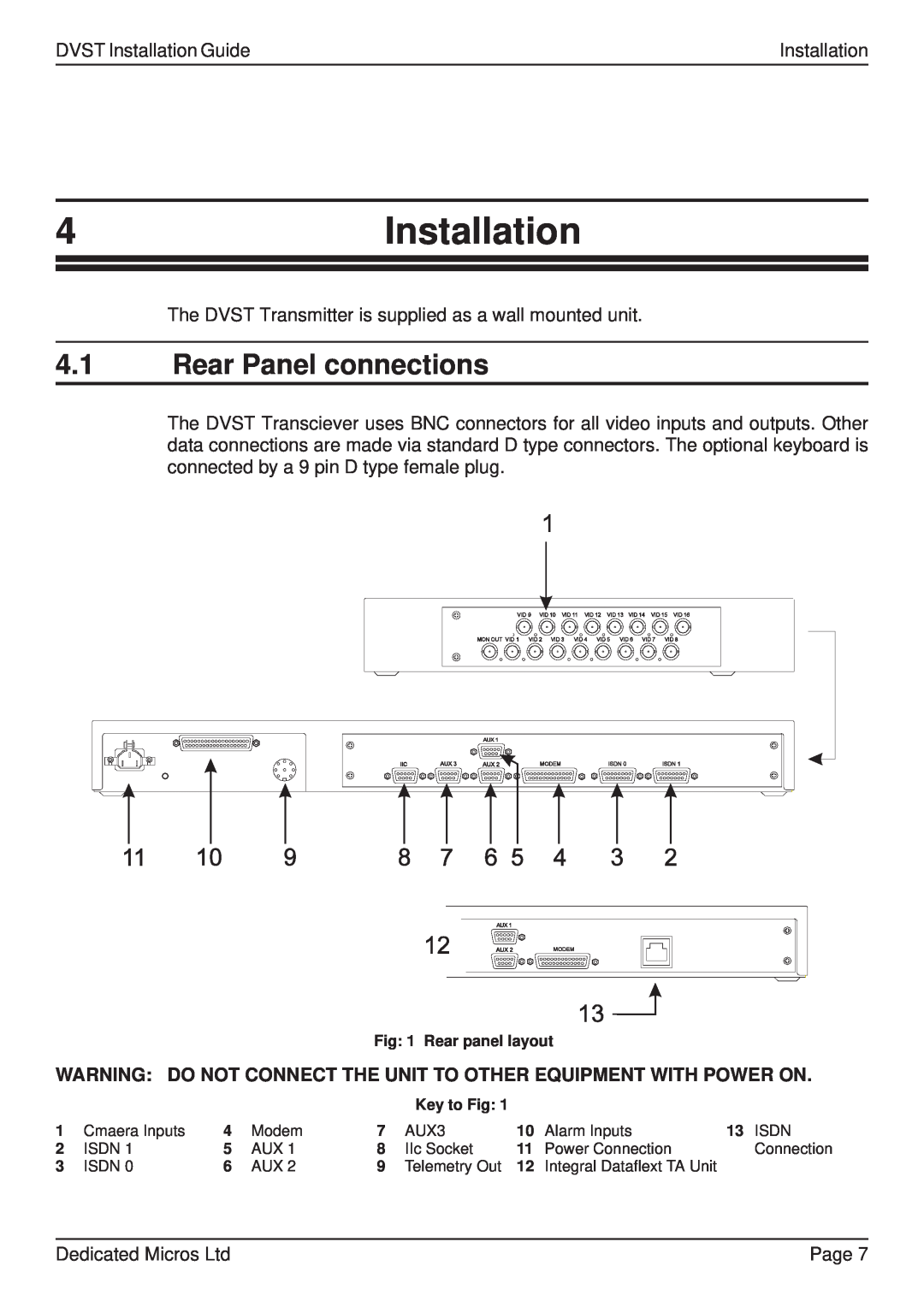 Guardian Technologies DFT 150/175, DVST manual 4Installation, 4.1Rear Panel connections 