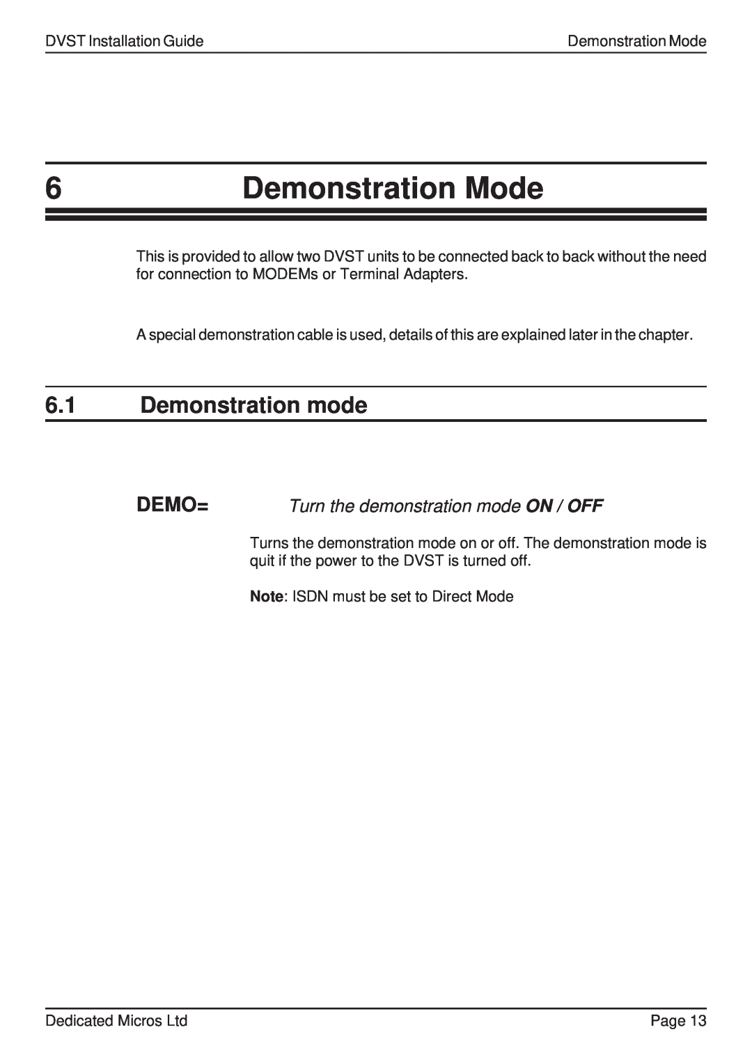 Guardian Technologies DFT 150/175 Demonstration Mode, 6.1Demonstration mode, Demo=, Turn the demonstration mode ON / OFF 