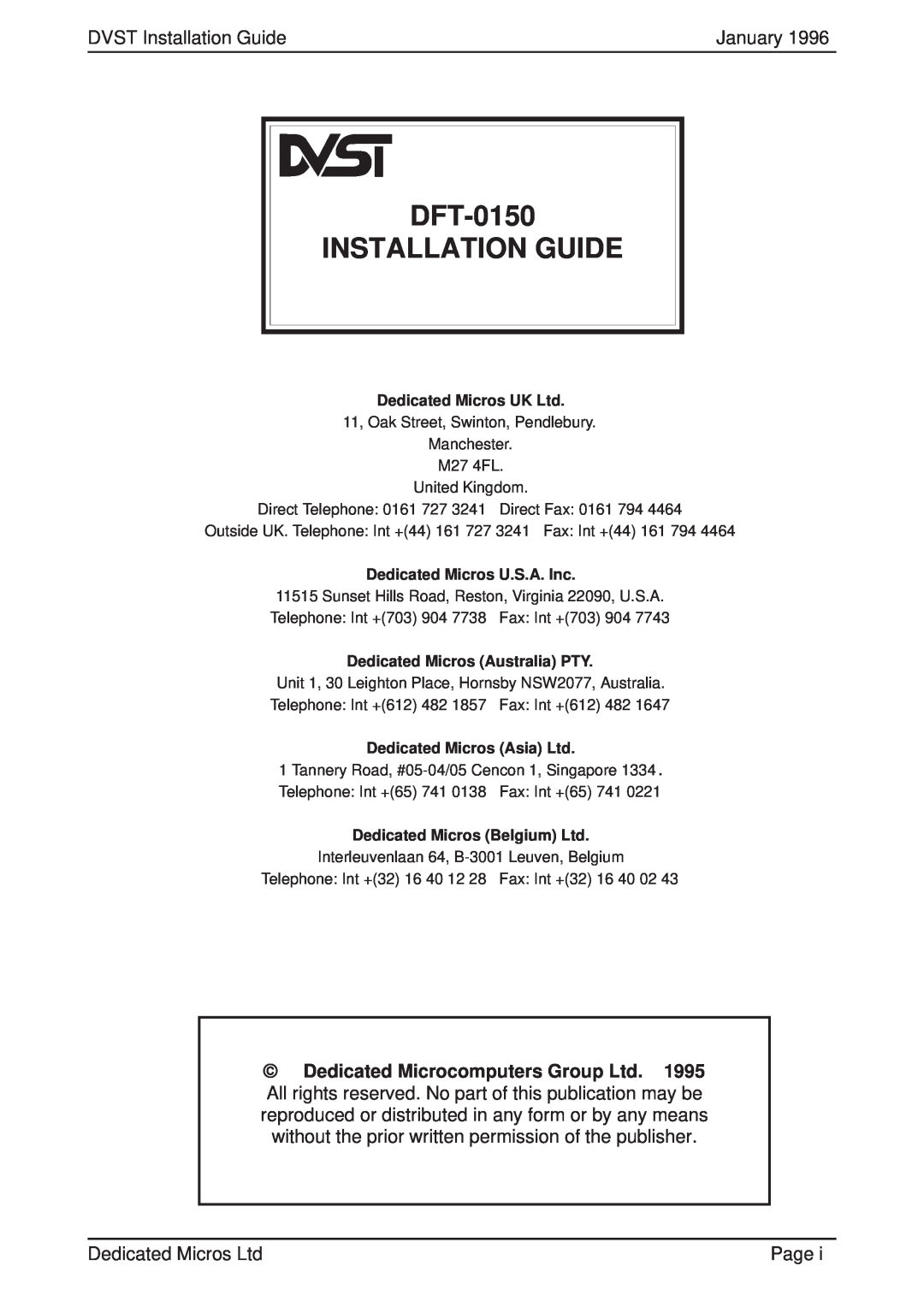 Guardian Technologies DFT 150/175 manual DFT-0150 INSTALLATION GUIDE, DVST Installation Guide, January, Page 