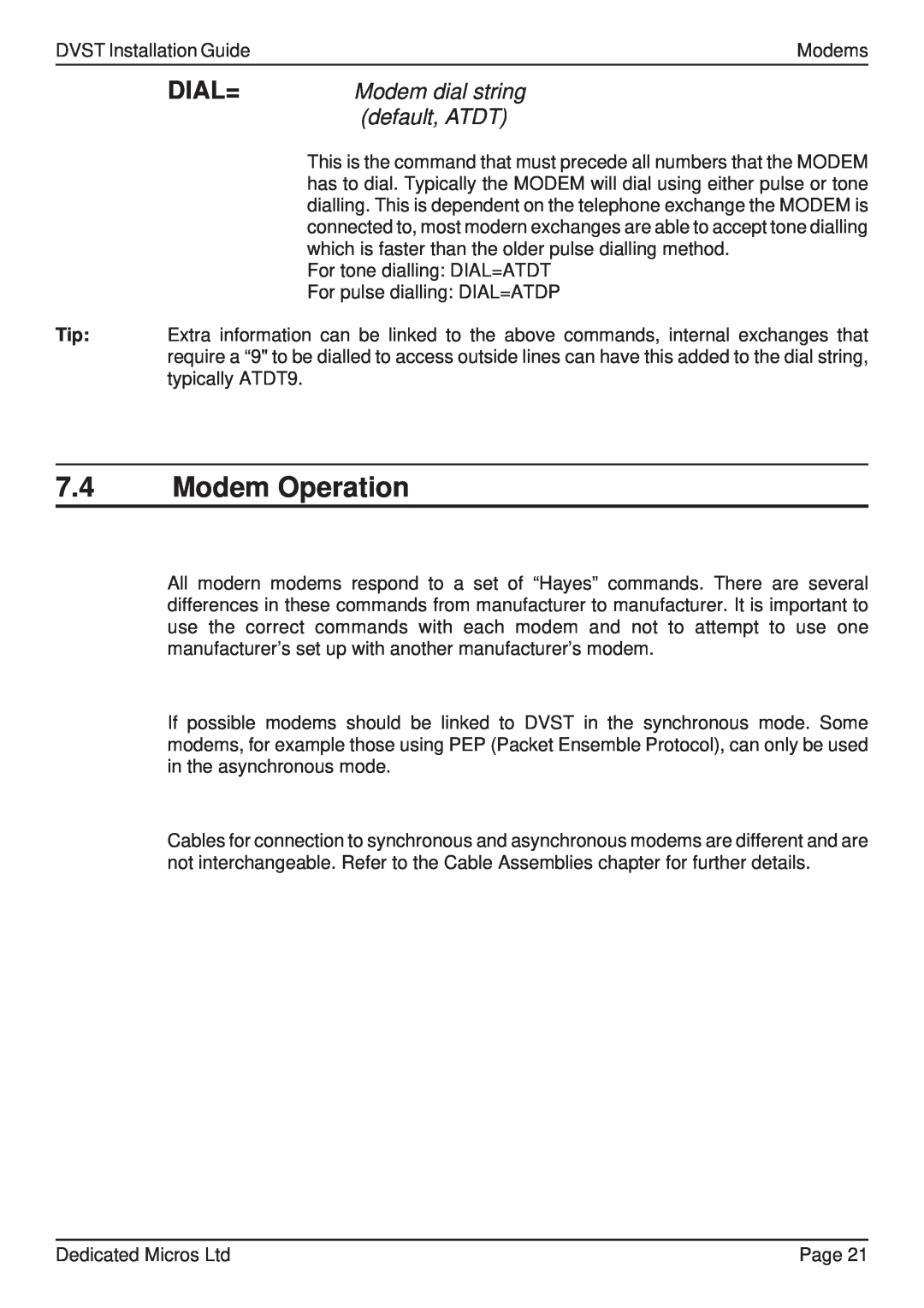 Guardian Technologies DFT 150/175, DVST manual 7.4Modem Operation, Dial=, Modem dial string, default, ATDT 