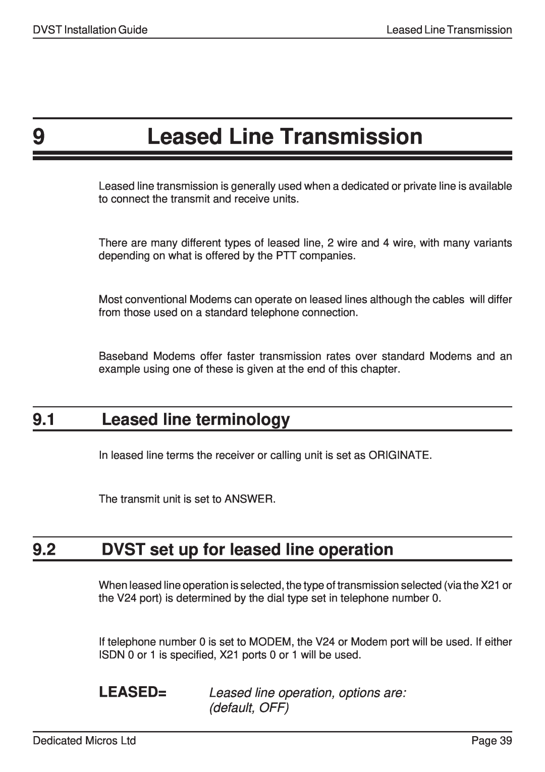 Guardian Technologies DFT 150/175, DVST manual Leased Line Transmission, 9.1Leased line terminology 