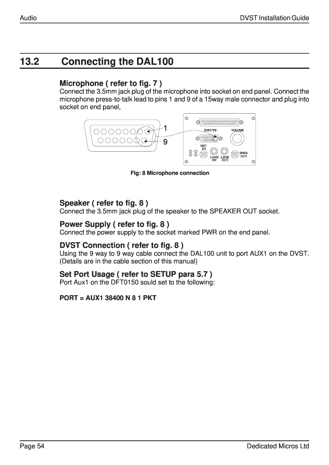 Guardian Technologies DVST, DFT 150/175 manual 13.2Connecting the DAL100, Microphone refer to fig, Speaker refer to fig 