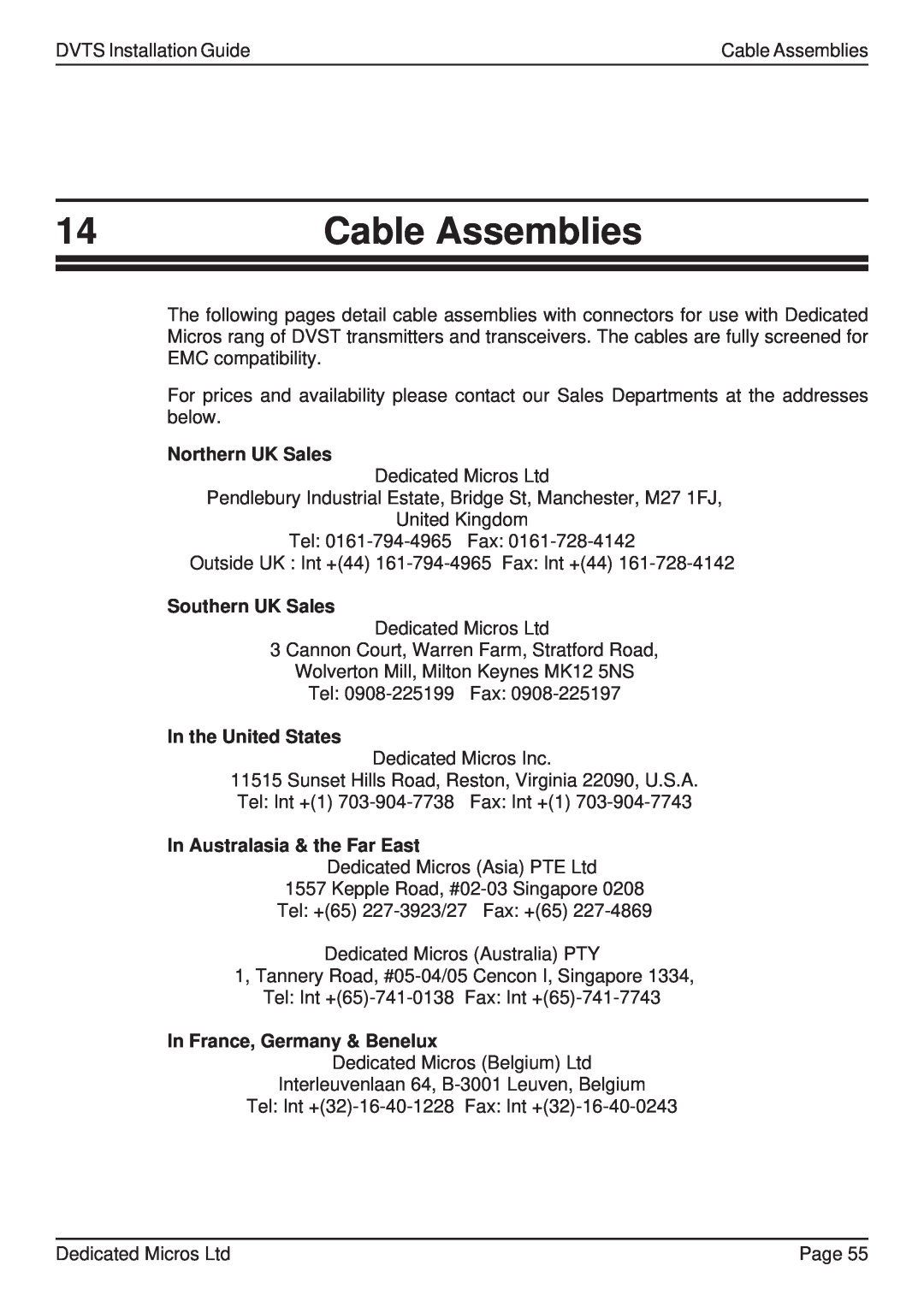 Guardian Technologies DFT 150/175, DVST manual Cable Assemblies, Northern UK Sales, Southern UK Sales, In the United States 