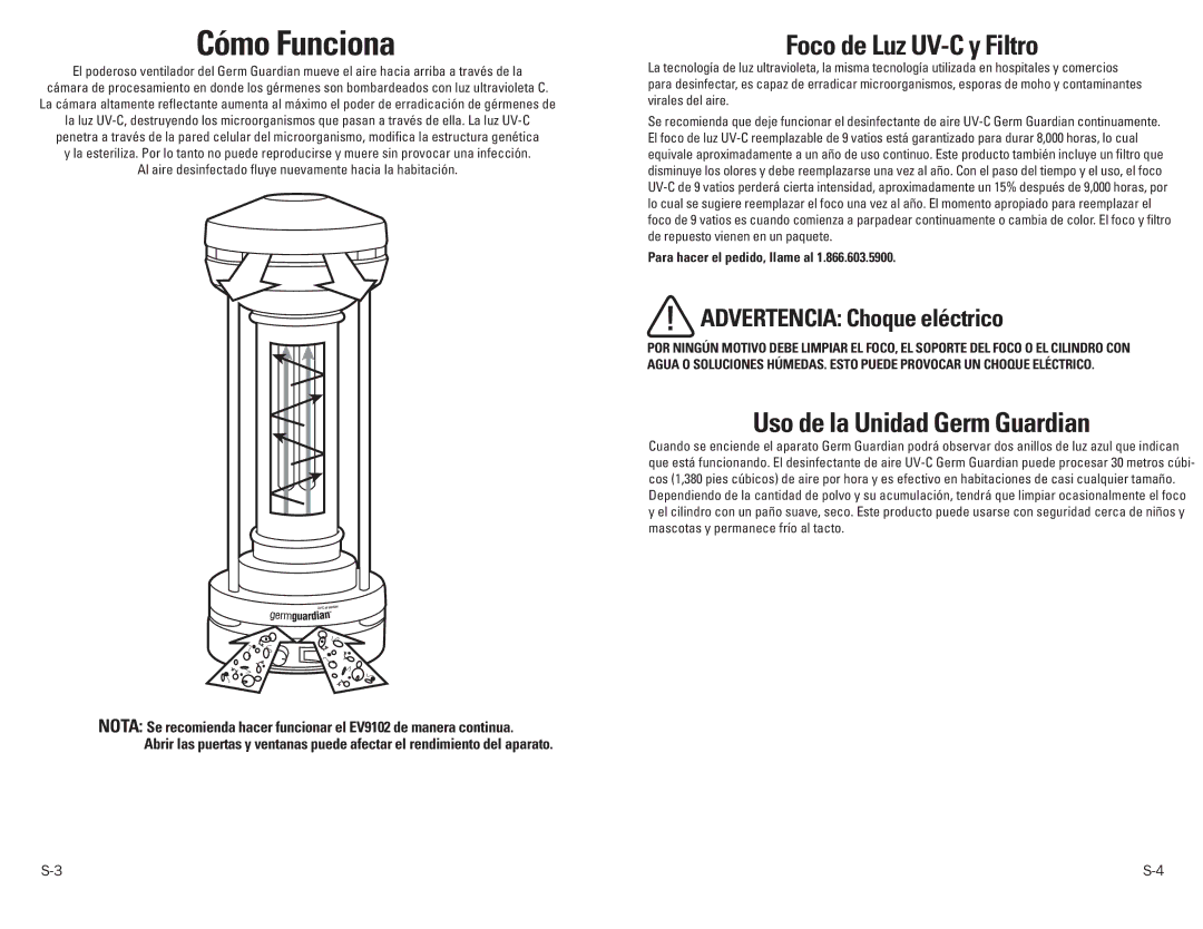 Guardian Technologies EV9102 warranty Cómo Funciona, Foco de Luz UV-C y Filtro, Uso de la Unidad Germ Guardian 