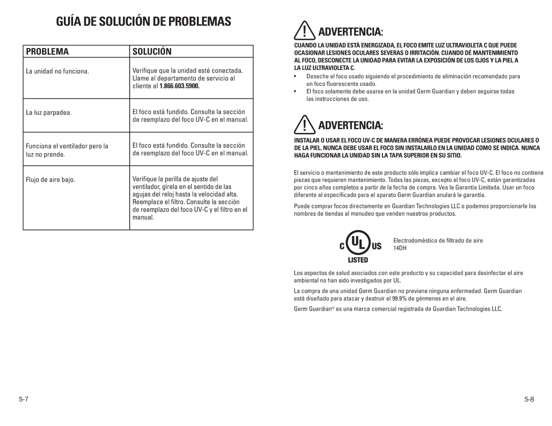 Guardian Technologies EV9102 warranty GuÍa de soluciÓn de problemas, Advertencia, Problema Solución 