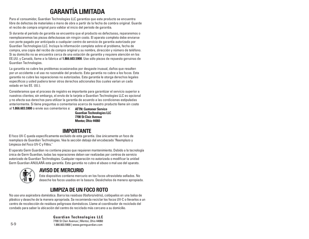 Guardian Technologies EV9102 warranty GarantÍa Limitada, Importante, Limpiza de un foco roto 