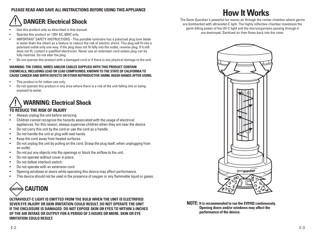 Guardian Technologies EV9102 warranty How It Works, To reduce the risk of injury 