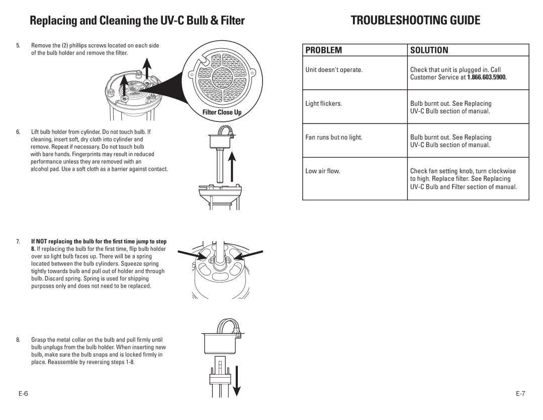 Guardian Technologies EV9102 warranty Replacing and Cleaning the UV-C Bulb & Filter, Problem Solution 