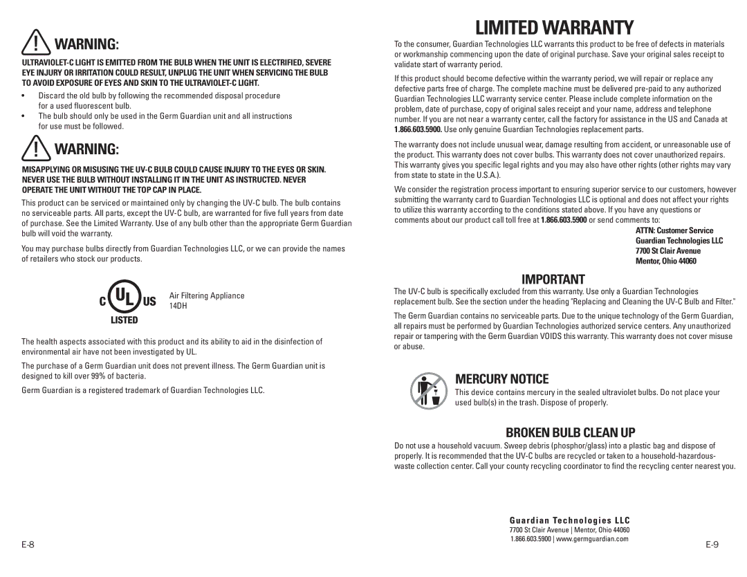 Guardian Technologies EV9102 warranty Mercury notice, Broken bulb clean up 