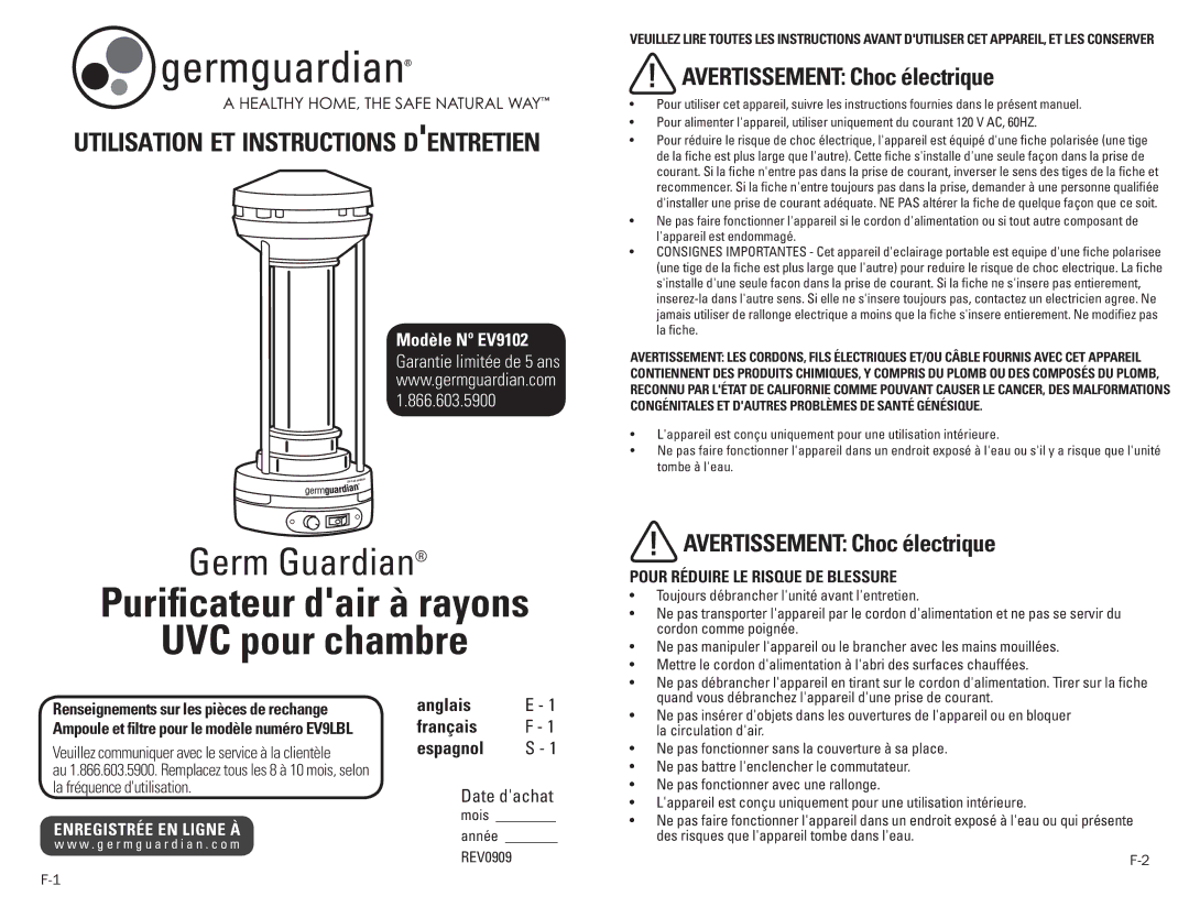 Guardian Technologies EV9102 warranty Purificateur dair à rayons UVC pour chambre, Utilisation et instructions dentretien 