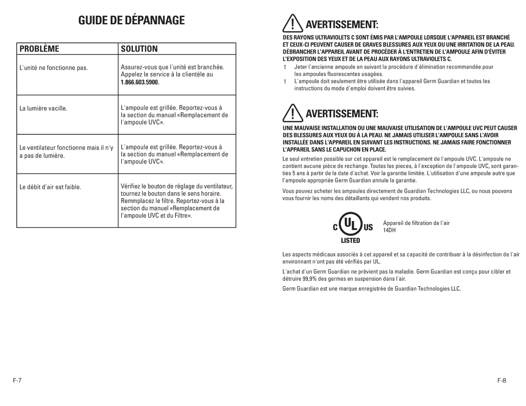 Guardian Technologies EV9102 warranty Guide de DÉpannage, Problème Solution, La section du manuel «Remplacement de 