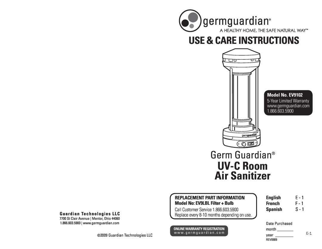 Guardian Technologies warranty Germ Guardian, UV-CRoom Air Sanitizer, Use & Care Instructions, Model No. EV9102 