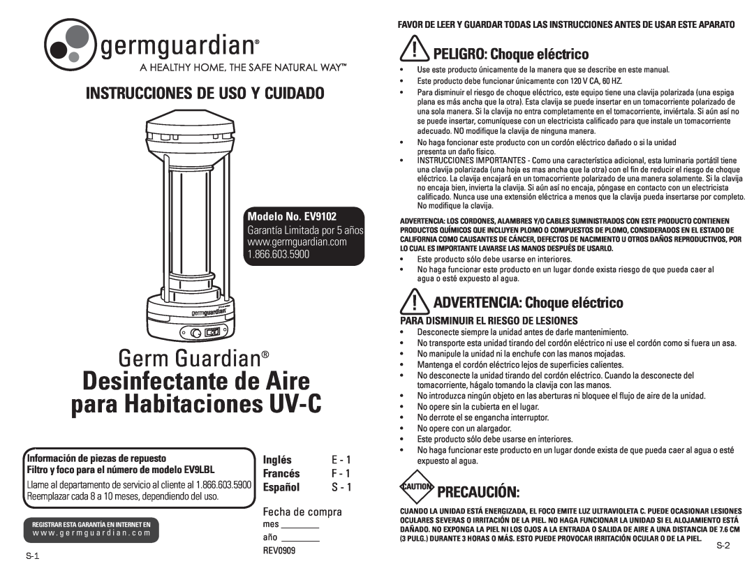 Guardian Technologies EV9102 instrucciones de uso y cuidado, PELIGRO Choque eléctrico, ADVERTENCIA Choque eléctrico 
