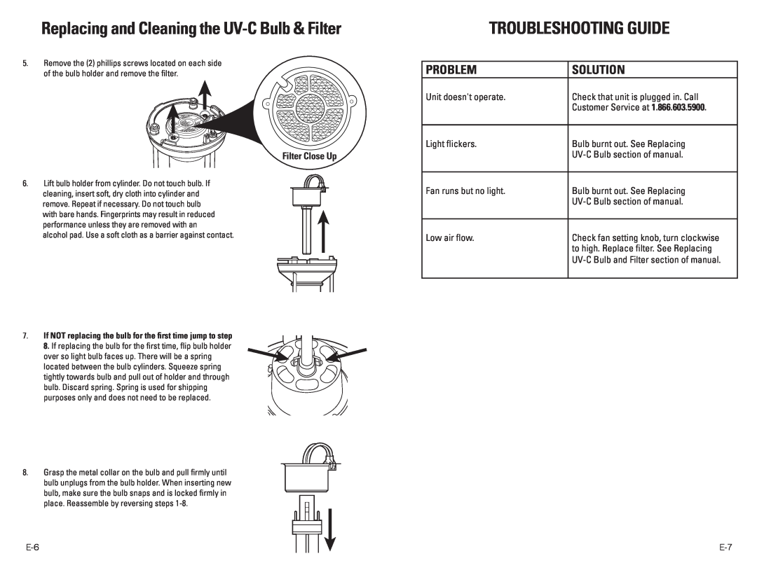 Guardian Technologies EV9102 Troubleshooting Guide, Replacing and Cleaning the UV-CBulb & Filter, Problem, Solution 