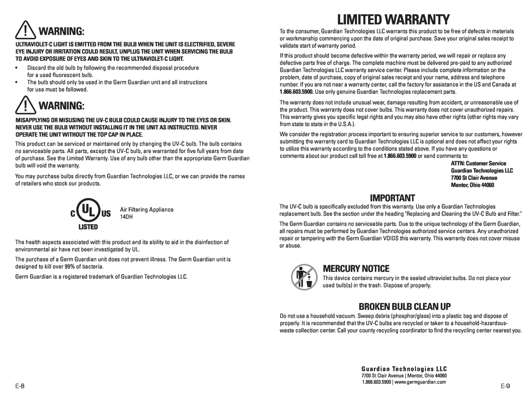 Guardian Technologies EV9102 Limited warranty, mercury notice, broken bulb clean up 