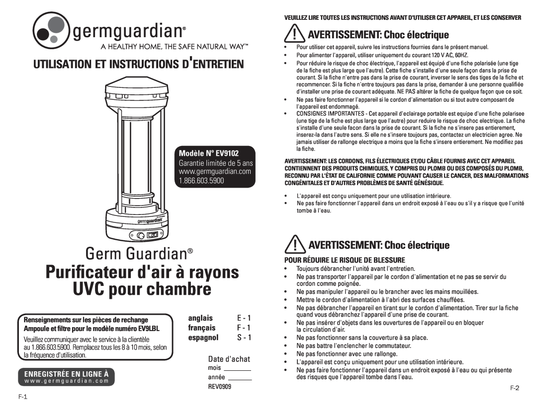 Guardian Technologies EV9102 warranty Purificateur dair à rayons UVC pour chambre, utilisation et instructions dentretien 