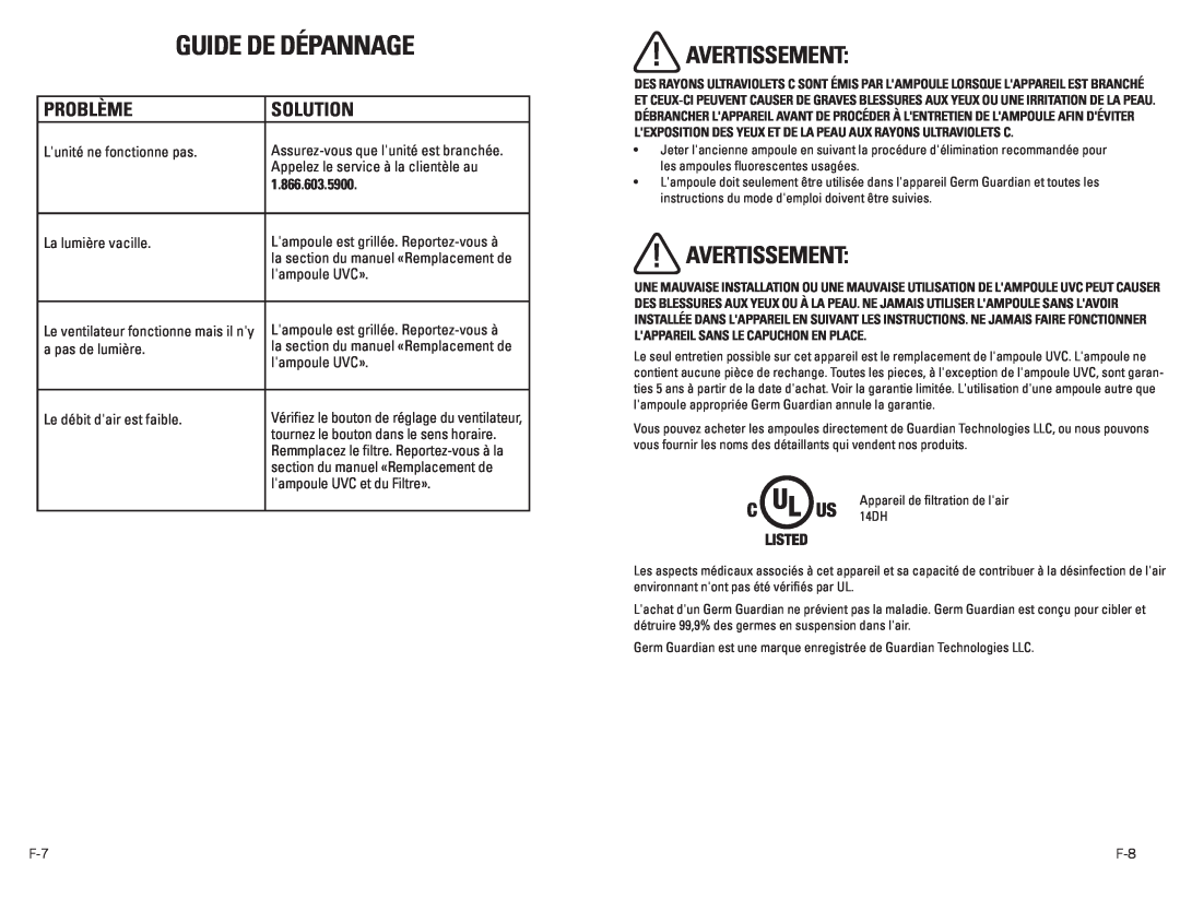 Guardian Technologies EV9102 warranty Guide de DÉpannage, Avertissement, Problème, Solution, 1.866.603.5900 