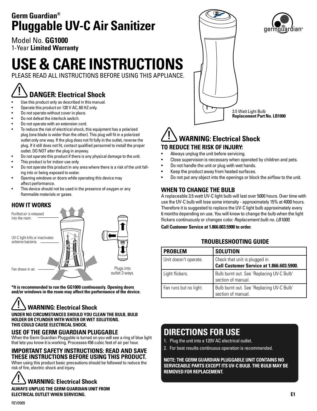 Guardian Technologies GG1000 warranty Directions for USE, HOW IT Works, When to Change the Bulb, Troubleshooting Guide 