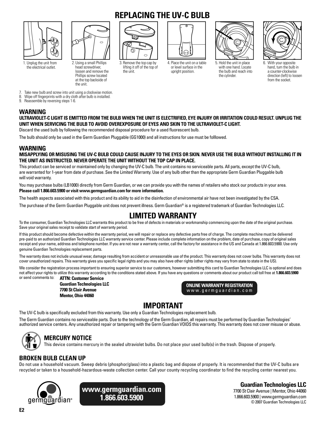 Guardian Technologies GG1000 warranty Mercury Notice, Broken Bulb Clean UP, Guardian Technologies LLC 