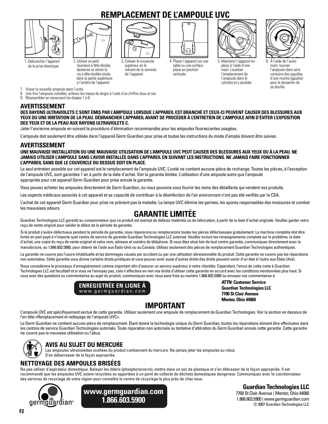 Guardian Technologies GG1000 warranty Remplacement de l’ampoule uvc, Avertissement, Avis au sujet du mercure 