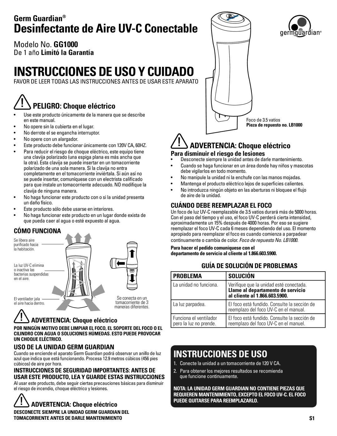 Guardian Technologies GG1000 warranty Instrucciones DE USO, Peligro Choque eléctrico, Advertencia Choque eléctrico 