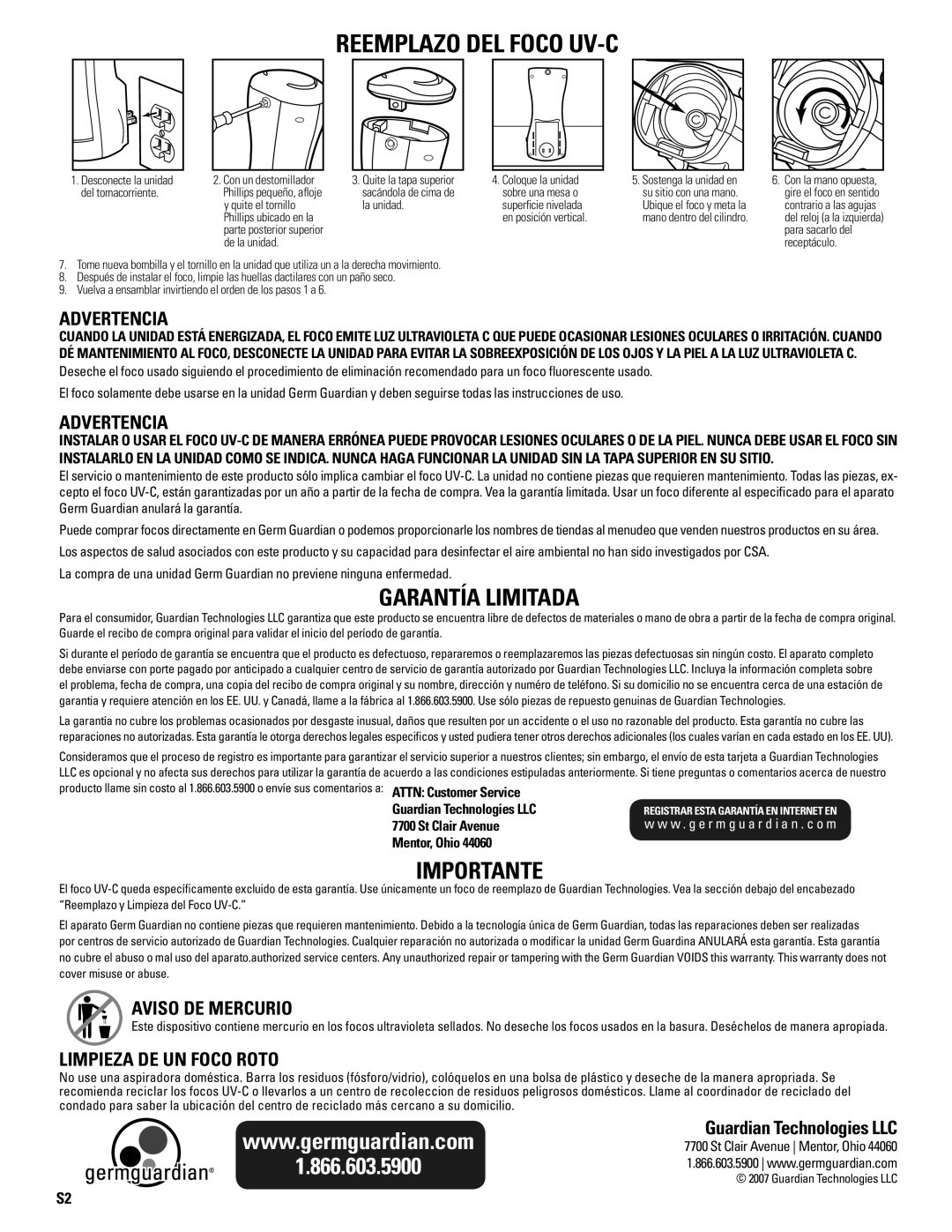 Guardian Technologies GG1000 warranty Reemplazo del foco uv-c 