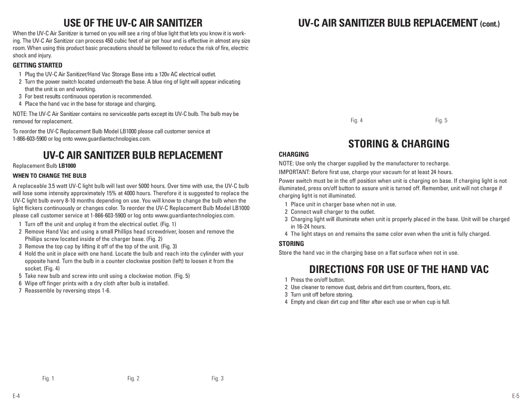 Guardian Technologies GGH200 USE of the UV-C AIR Sanitizer, UV-C AIR Sanitizer Bulb Replacement, Storing & Charging 