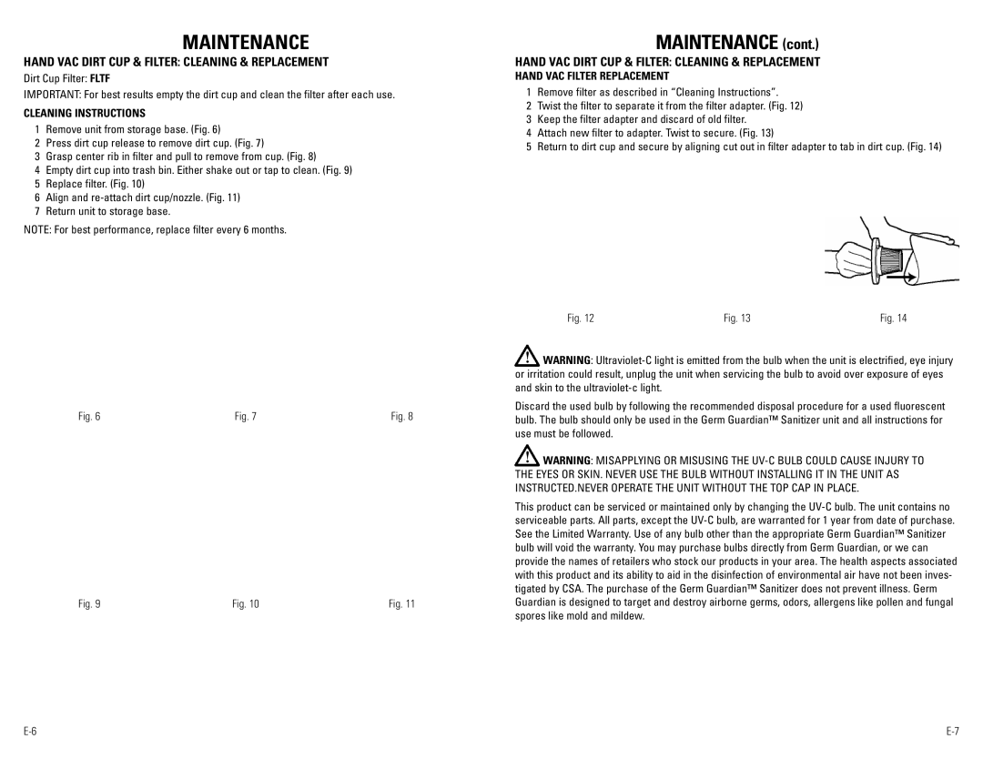 Guardian Technologies GGH200 warranty Maintenance, Hand VAC Dirt CUP & Filter Cleaning & Replacement, Cleaning Instructions 