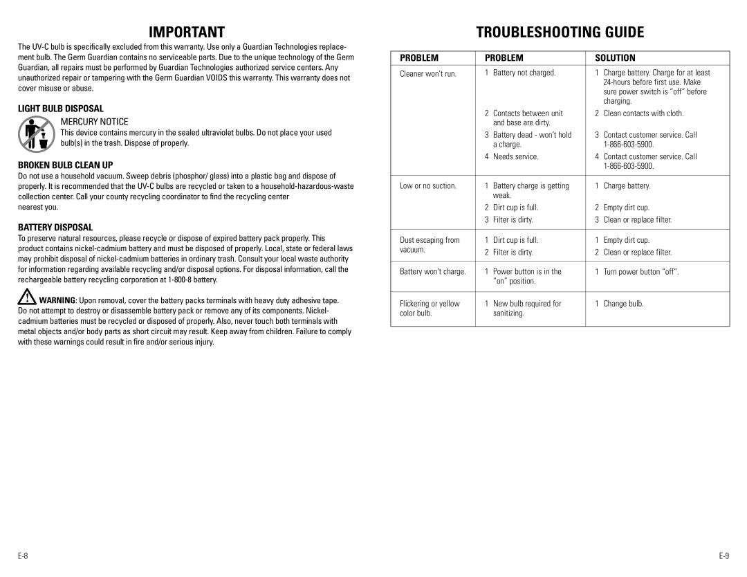 Guardian Technologies GGH200 warranty Troubleshooting Guide, Light Bulb Disposal, Broken Bulb Clean UP, Battery Disposal 