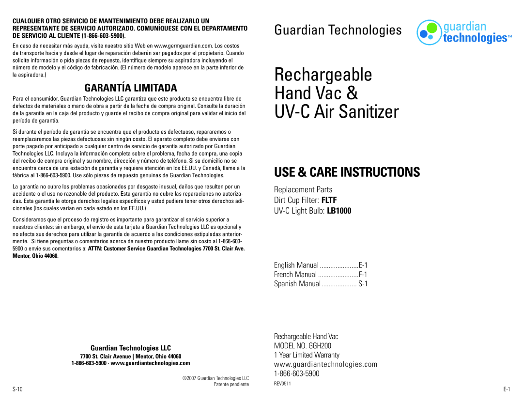 Guardian Technologies GGH200 warranty Garantía Limitada, Mentor, Ohio, Guardian Technologies LLC, Use & Care Instructions 