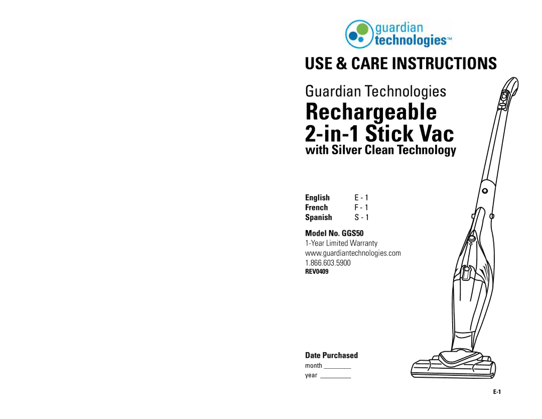 Guardian Technologies GGS50 warranty Rechargeable In-1 Stick Vac, With Silver Clean Technology 