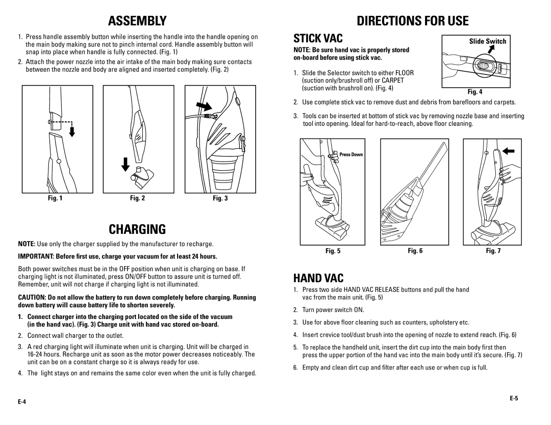 Guardian Technologies GGS50 warranty Assembly, Charging, Directions for use, Hand VAC 