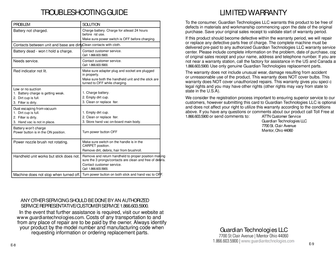 Guardian Technologies GGS50 Troubleshooting guide, Limited warranty 