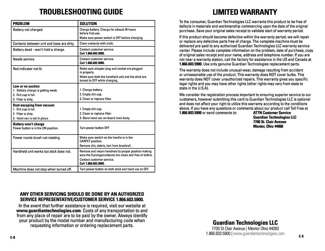 Guardian Technologies GGS50 troubleshooting guide, limited warranty, Problem, Solution, Guardian Technologies LLC 