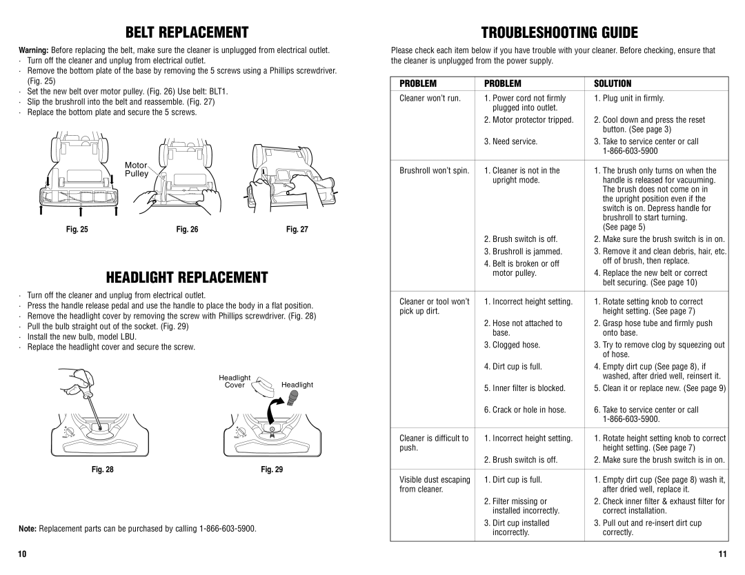 Guardian Technologies GGU300 warranty Belt Replacement, Headlight Replacement, Troubleshooting Guide, Problem Solution 