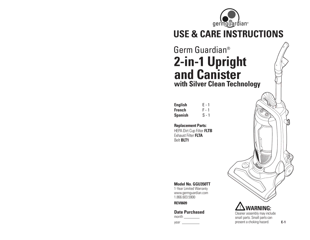 Guardian Technologies GGU350TT warranty With Silver Clean Technology, REV0609, Month Year, Present a choking hazard 