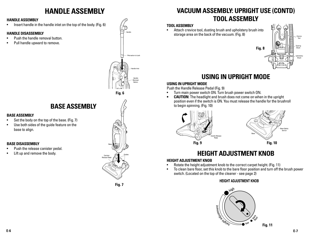 Guardian Technologies GGU350TT Handle Assembly, Vacuum Assembly upright Use contd Tool Assembly, Using in upright mode 