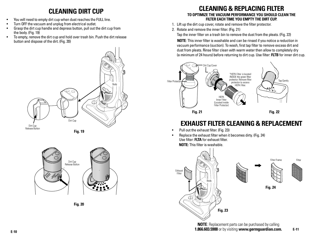 Guardian Technologies GGU350TT Cleaning Dirt Cup, Cleaning & replacing filter, Exhaust filter cleaning & replacement 