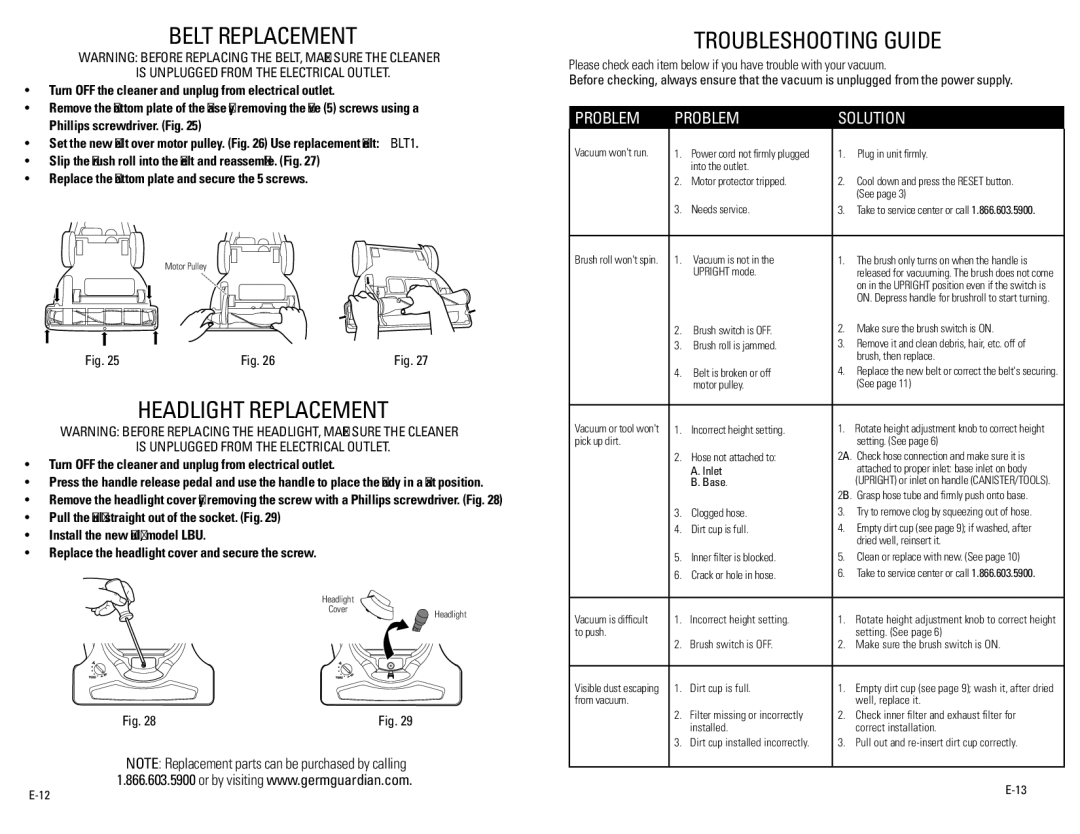 Guardian Technologies GGU350TT warranty Belt replacement, Headlight replacement, Troubleshooting guide 