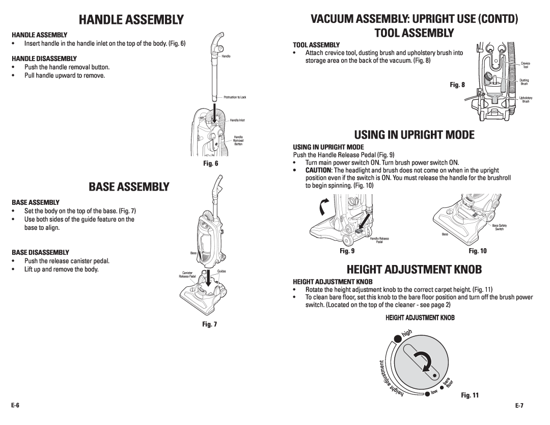 Guardian Technologies GGU350TT Handle Assembly, Vacuum Assembly upright Use contd Tool Assembly, Using in upright mode 