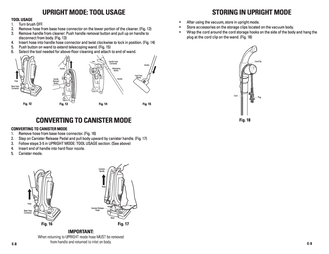 Guardian Technologies GGU350TT Upright Mode Tool Usage, converting to canister mode, Storing in Upright mode, tool usage 