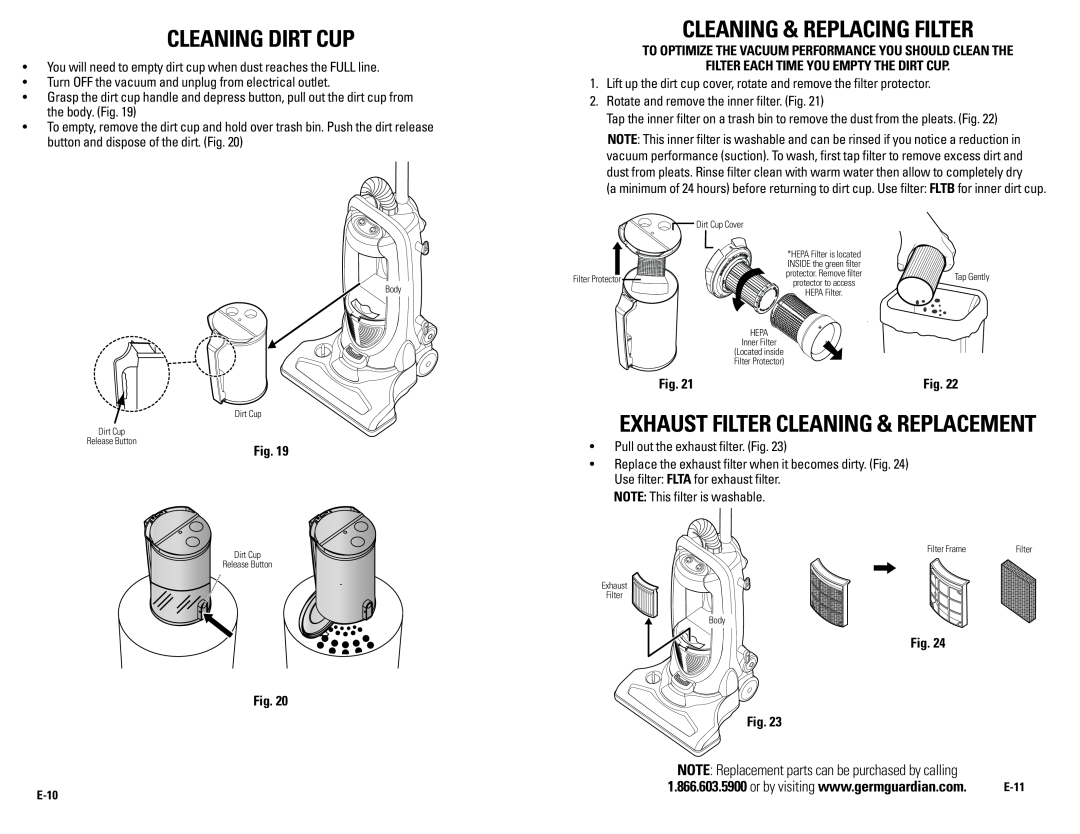 Guardian Technologies GGU350TT Cleaning Dirt Cup, cleaning & replacing filter, Exhaust filter cleaning & replacement 