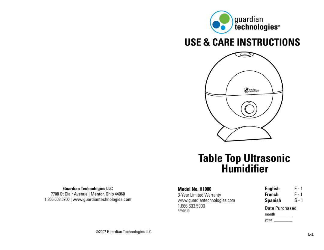 Guardian Technologies H1000 warranty Table Top Ultrasonic Humidifier 