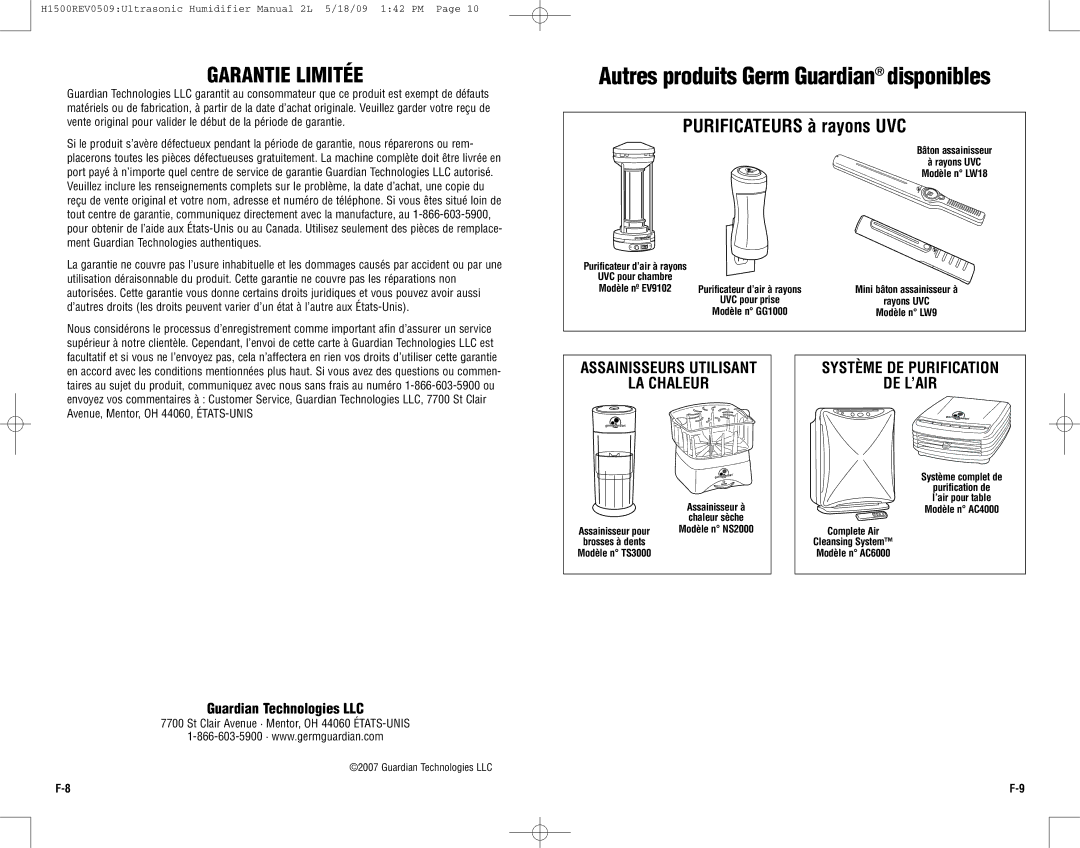 Guardian Technologies H1500 warranty Garantie Limitée, Assainisseurs Utilisant LA Chaleur, Système DE Purification DE L’AIR 