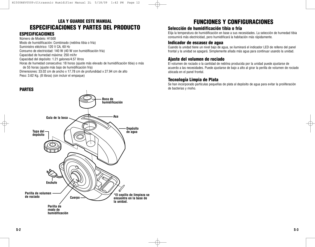 Guardian Technologies H1500 Especificaciones Y Partes DEL Producto, Funciones Y Configuraciones, LEA Y Guarde Este Manual 