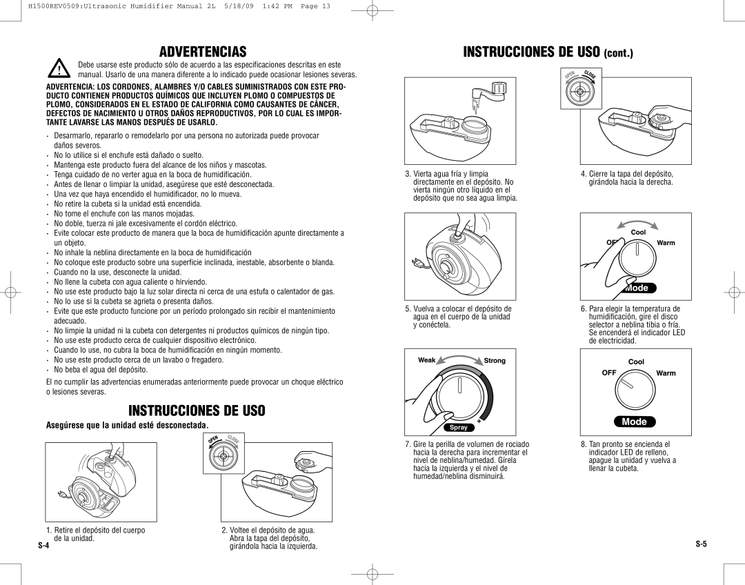 Guardian Technologies H1500 warranty Advertencias, Instrucciones DE USO, Retire el depósito del cuerpo, De la unidad 