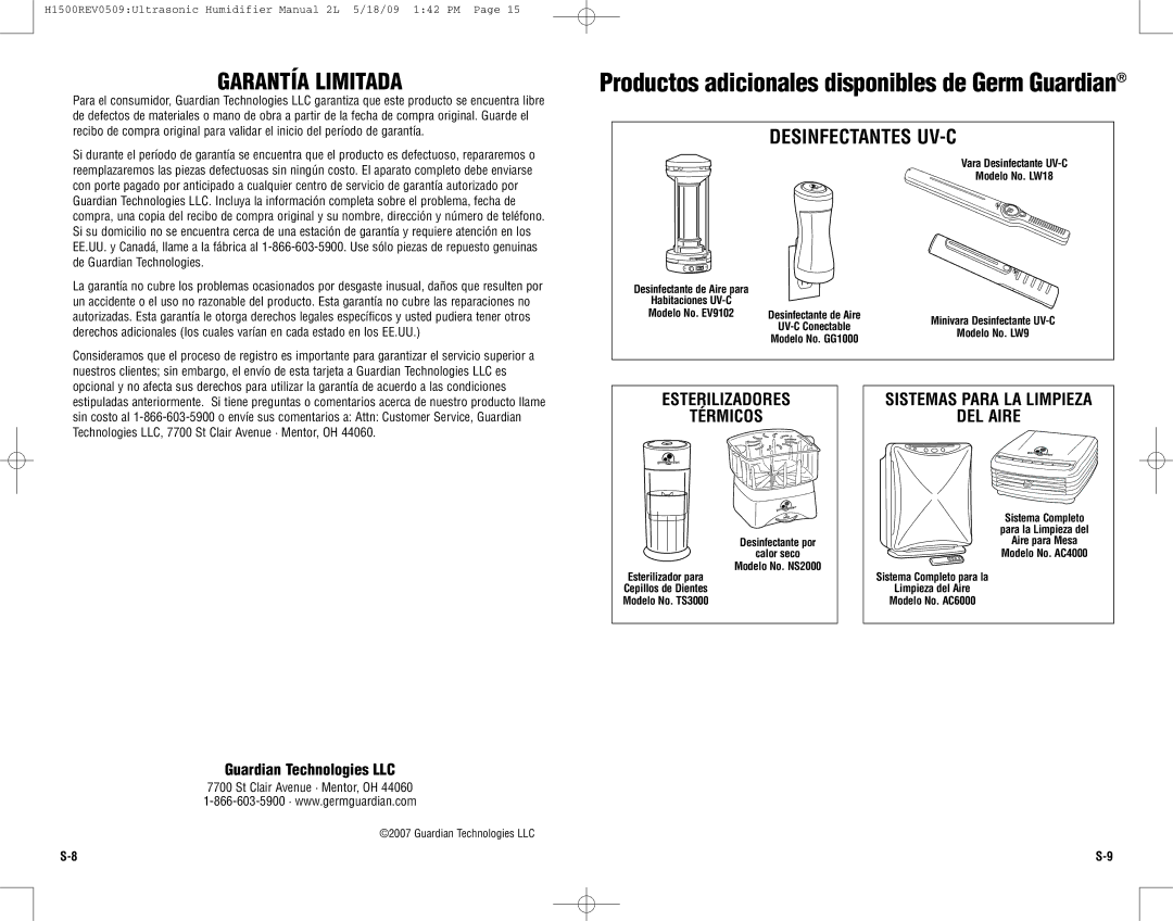 Guardian Technologies H1500 warranty Garantía Limitada, Desinfectantes UV-C, Esterilizadores Térmicos 